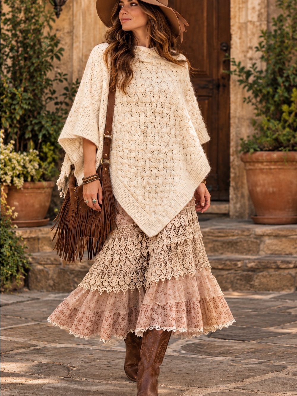 Cocogio Italy Ivory Wool Cable Knit Poncho Western Boho Lagenlook